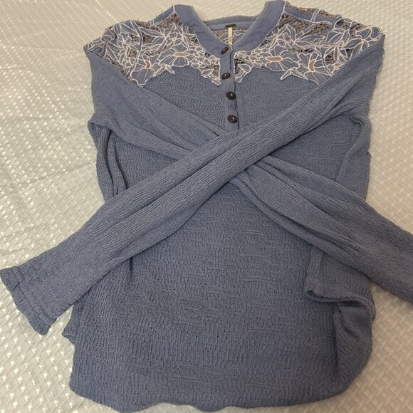 Free People Easy Breezy Just Dusk Appliqué Lace Henley Shirt - Picture 4 of 5